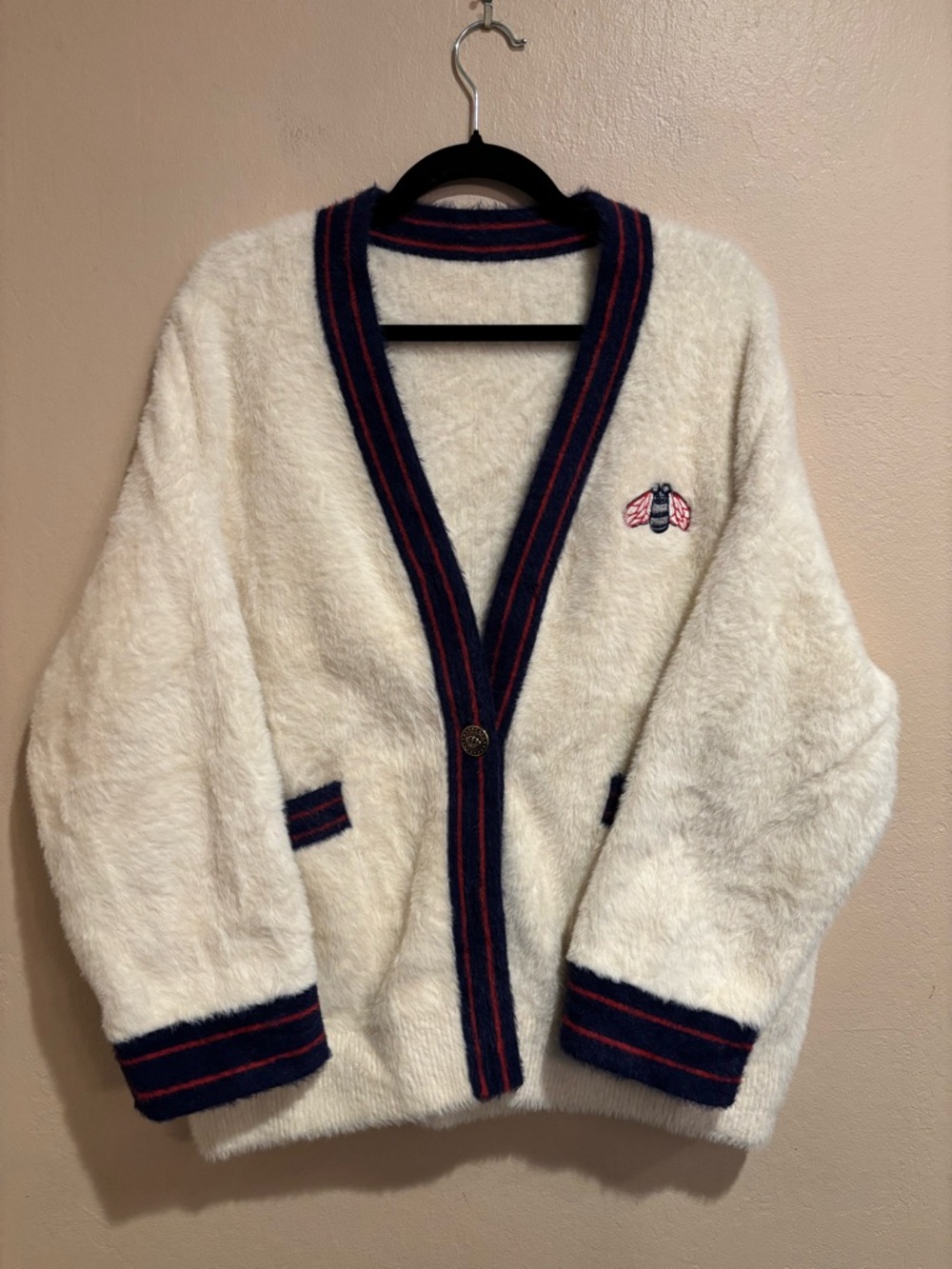 Ivory Mohair Cardigan with Embroidered Bee, Navy and Red Striped Hem and Cuffs